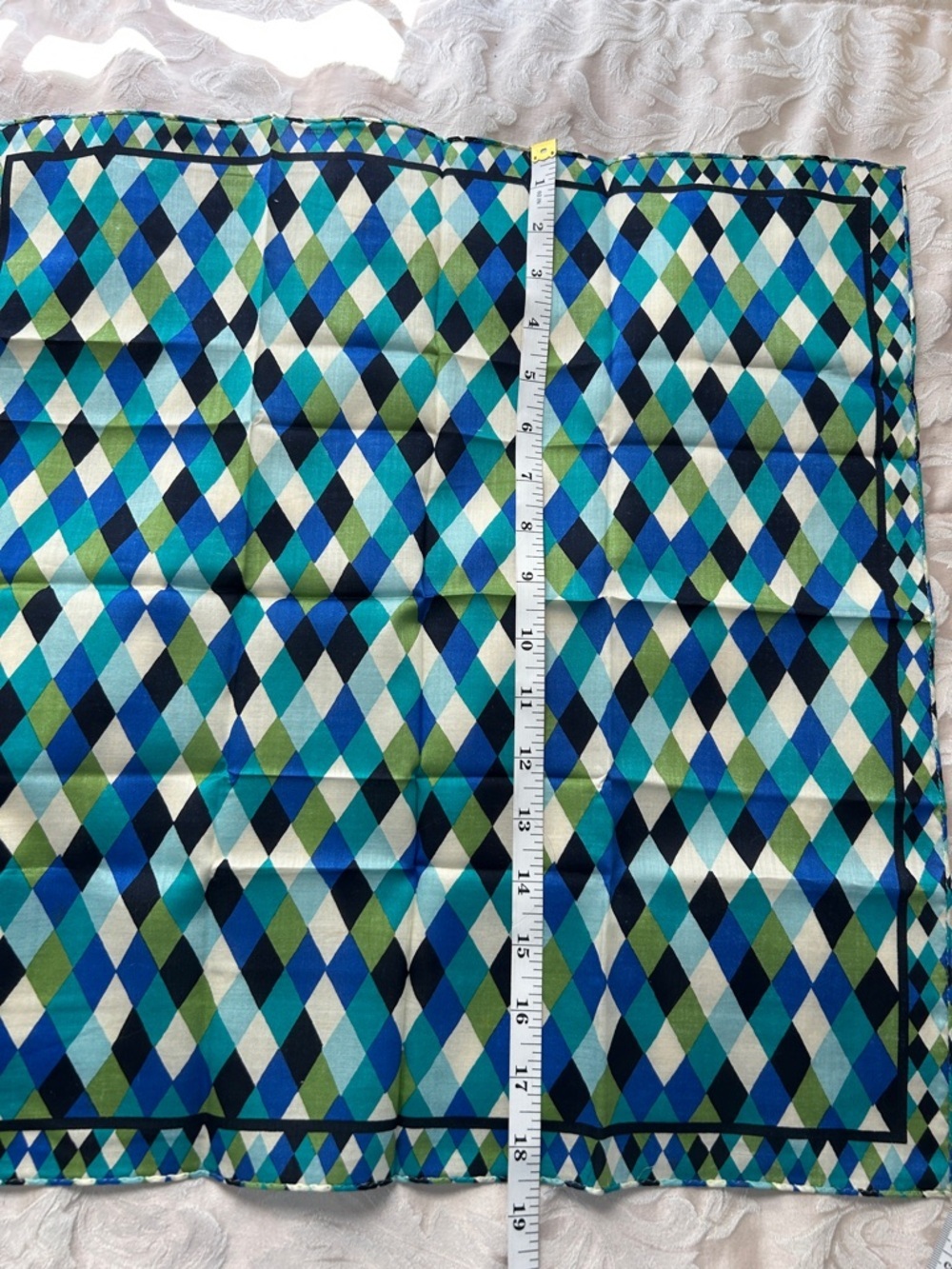 7035. Yves Saint Laurent Vintage Blue, Teal, Green & Black Diamond Scarf. COA. - Picture 6 of 6